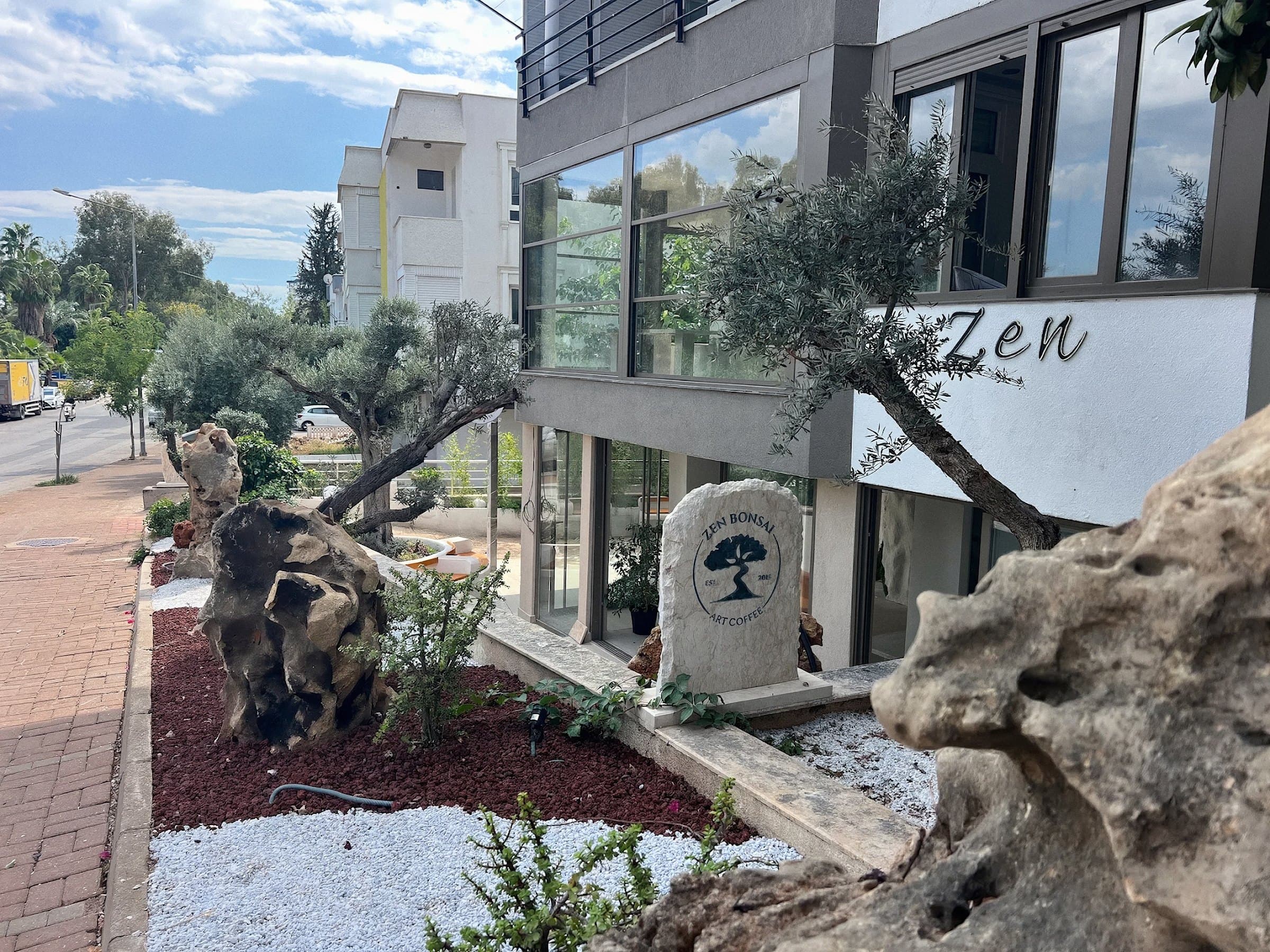 Ön bahçede seyir taşı ve zeytin bonsailer, arkada kafenin camlı cephesi